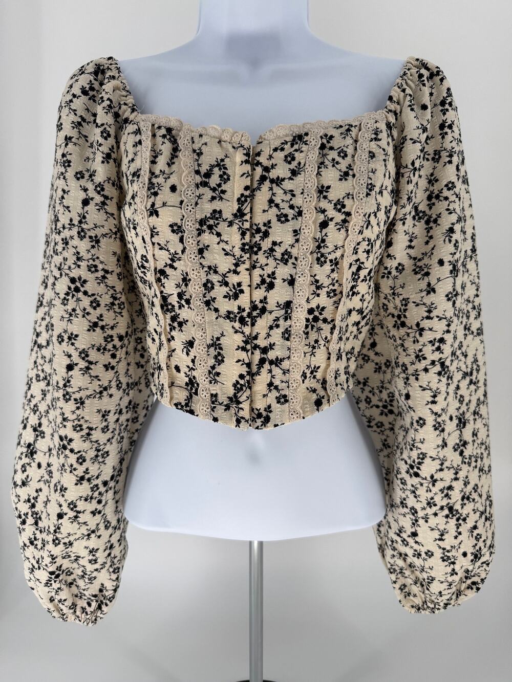 Altar'd State Floral Corset Crop Top XS Puff Sleeve Lace Cottagecore